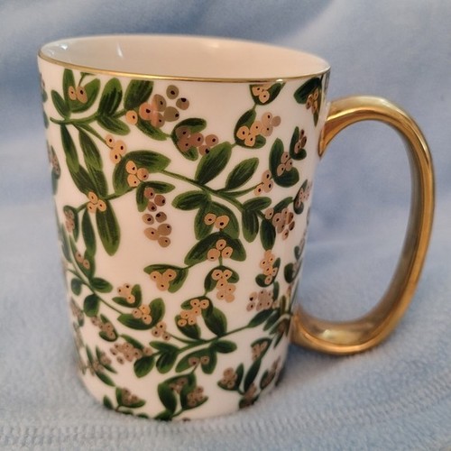 Anthropologie Paper Rifle Co Mistletoe Floral Gold-Handled Mug