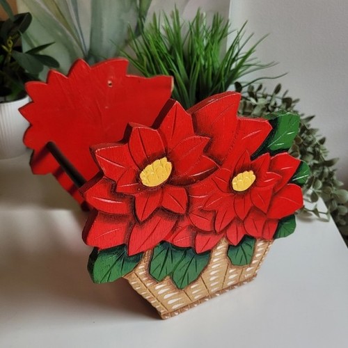Vintage Wood Hand Painted Handmade Poinsettia Basket