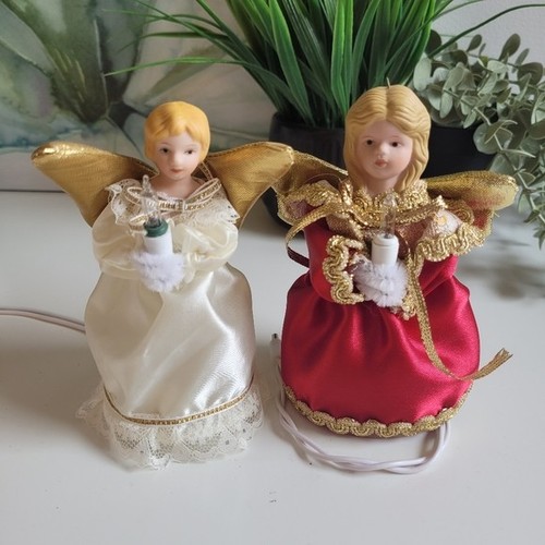 Set of 2 Electrified Porcelain Head Angel Christmas Tree Toppers