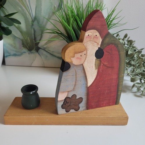 Handcrafted Wooden Santa and Child Candle Holder Primitive Folk