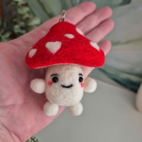 Hand Made Felted Red White Mushroom Toadstool Keychain