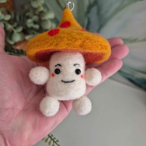 Hand Made Felted Orange Red Mushroom Toadstool Keychain