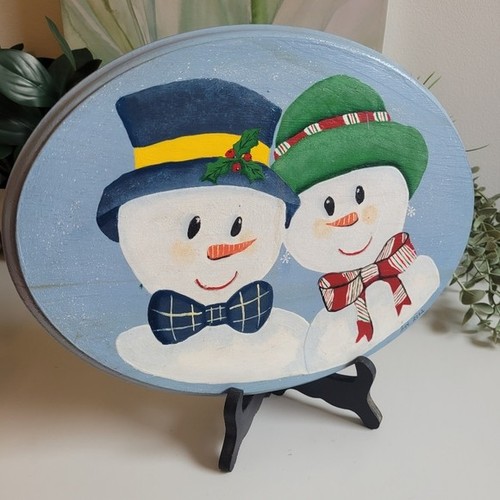 Vtg Festive Snowman Country Wooden Hand Painted Plaque Wall Deco
