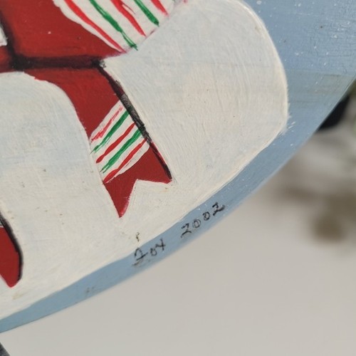 Vtg Festive Snowman Country Wooden Hand Painted Plaque Wall Deco - photo 2