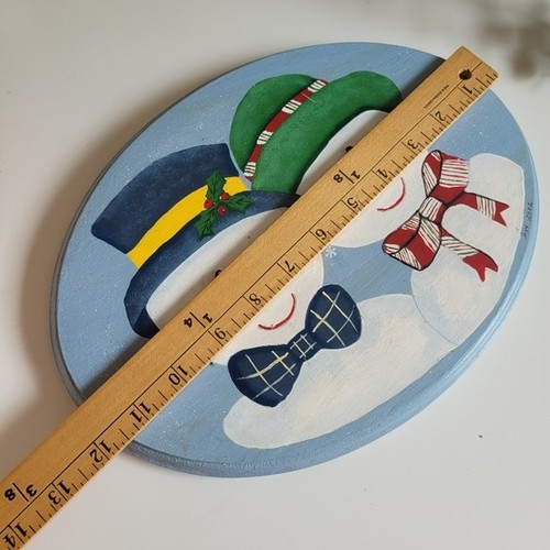 Vtg Festive Snowman Country Wooden Hand Painted Plaque Wall Deco - photo 4