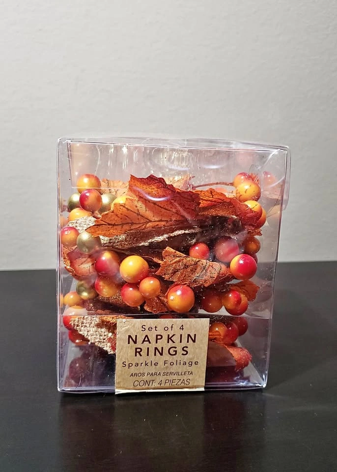 NEW! Fall Décor - 4 Harvest Sparkle Foliage Napkin Rings