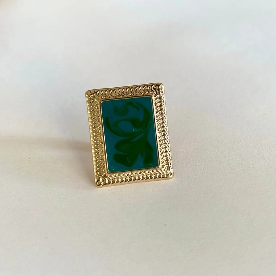 Vintage Gold Tone Green Resin Rectangle Stud Earring