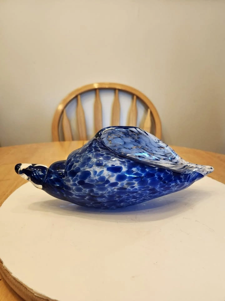 🏈 Large Vintage Style Cobalt Blue White Speckled Art Glass Shell