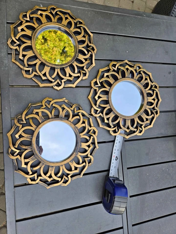 Set of 3 Gold Boho Wall Mirrors – Real Glass / Geometric Lotus