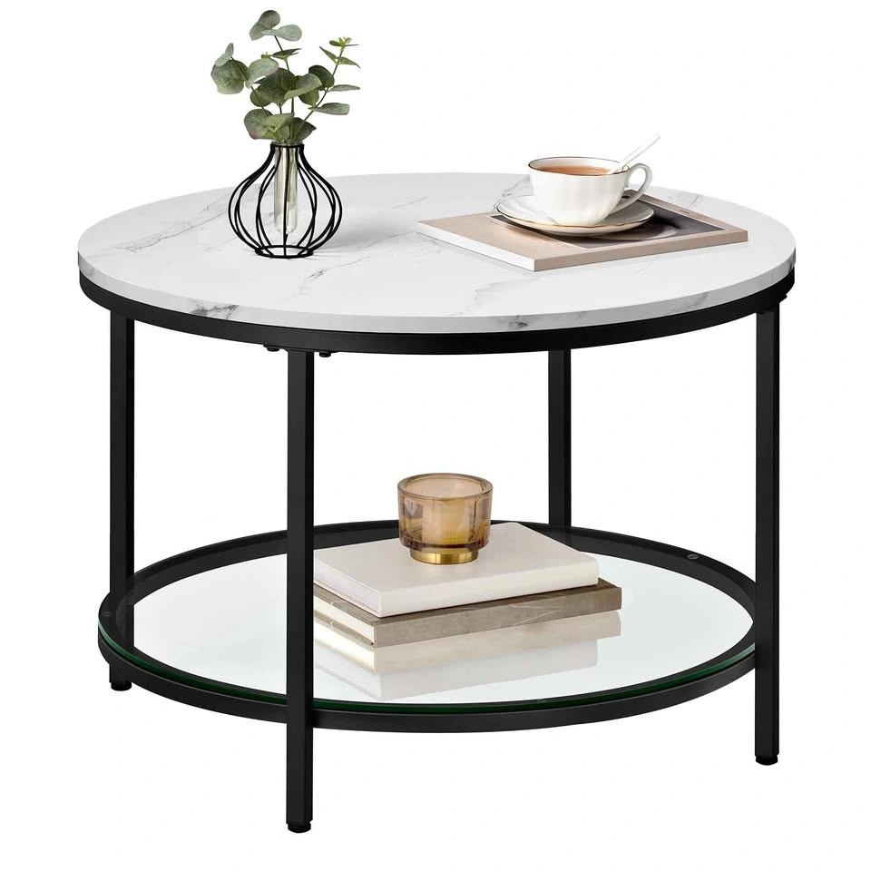 VASAGLE Round Coffee Table with Marble Top and Glass Shelf