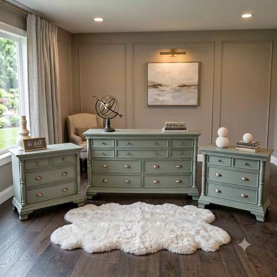 Sage Green 3-Piece Bedroom Set - Large Dresser and Two Large Nig
