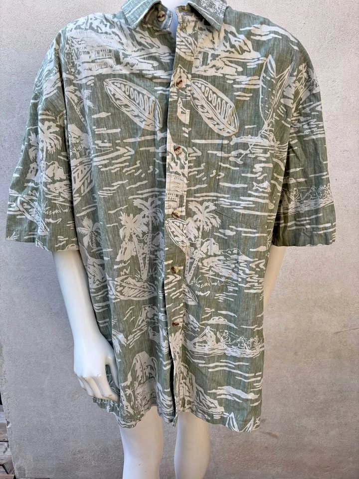 VTG Kalaheo Green Reverse Print Hawaiian Shirt XL Cotton Made in