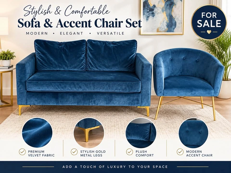 Elegant Navy Blue Velvet Loveseat & Gold Accent Chair Set - photo 2
