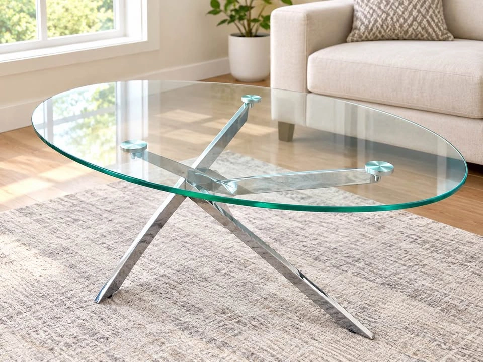 Oval Glass Coffee Table with Chrome Base - photo 3