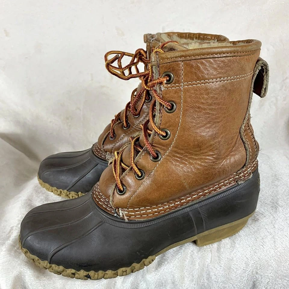 LL Bean Womens Sz 6 Duck Boots Tan Brown Leather Rubber