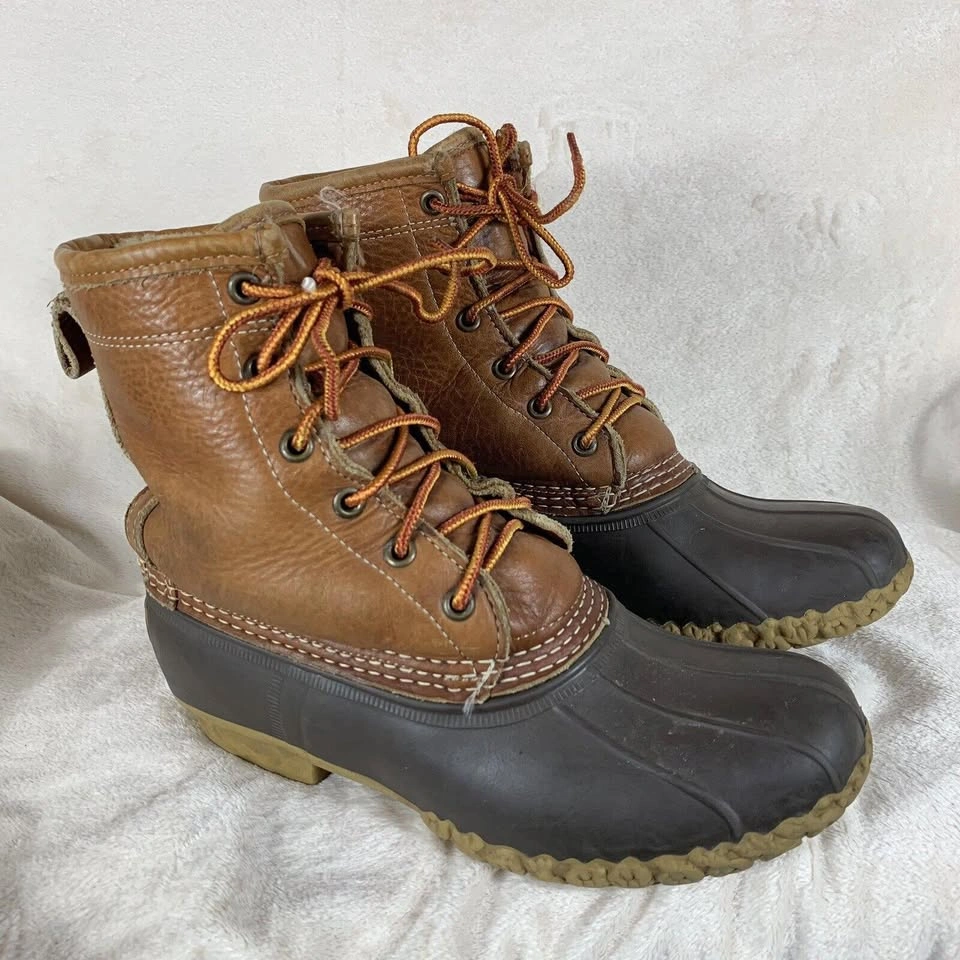 LL Bean Womens Sz 6 Duck Boots Tan Brown Leather Rubber - photo 3