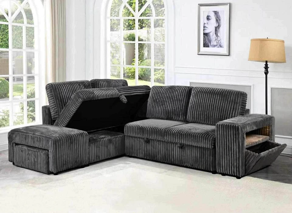 Charcoal Grey Corduroy Sectional Sleeper Sofa with Storage