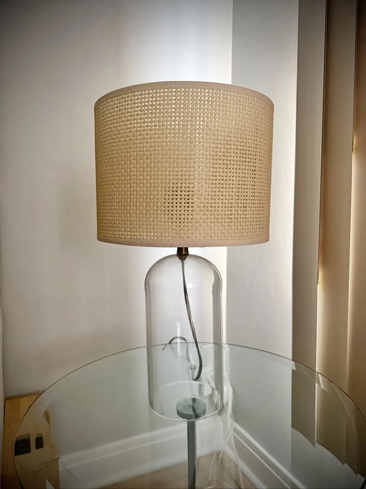 Glass Table Lamp with Woven Rattan Shade - Clear Bell Base