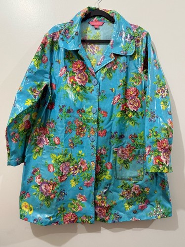 April Cornell Floral Vinyl Raincoat Jacket – XL Turquoise