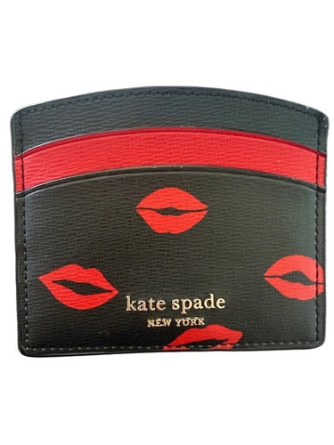 Kate Spade Spencer’s Kisses Black Card Case with Red Lip Motif