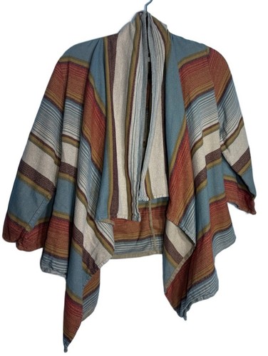 Woolrich Pemberton Striped Open Front Poncho Blue Tan XS