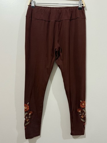 April Cornell Brown Floral Embroidered Leggings Size L Fall