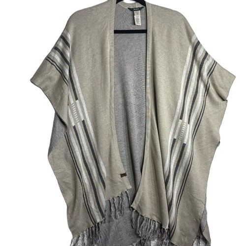 Roots Fringe Shawl Wrap One Size Leaf Detail Neutral Striped