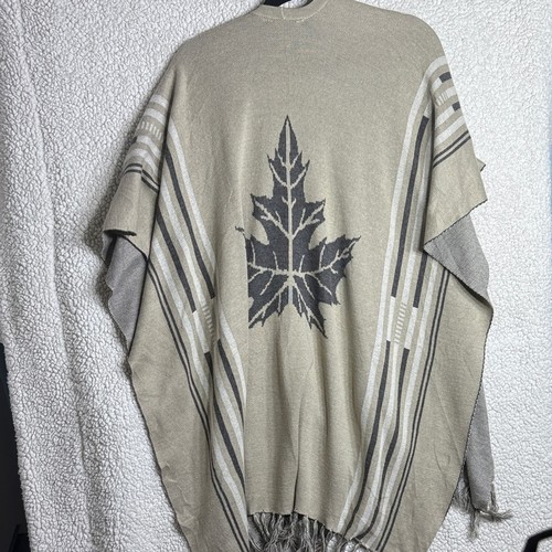 Roots Fringe Shawl Wrap One Size Leaf Detail Neutral Striped - photo 3
