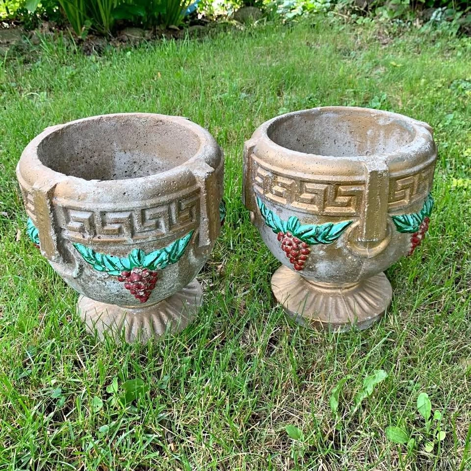 Vintage Weathered Concrete Greek Key Grapes Planters Urn Set