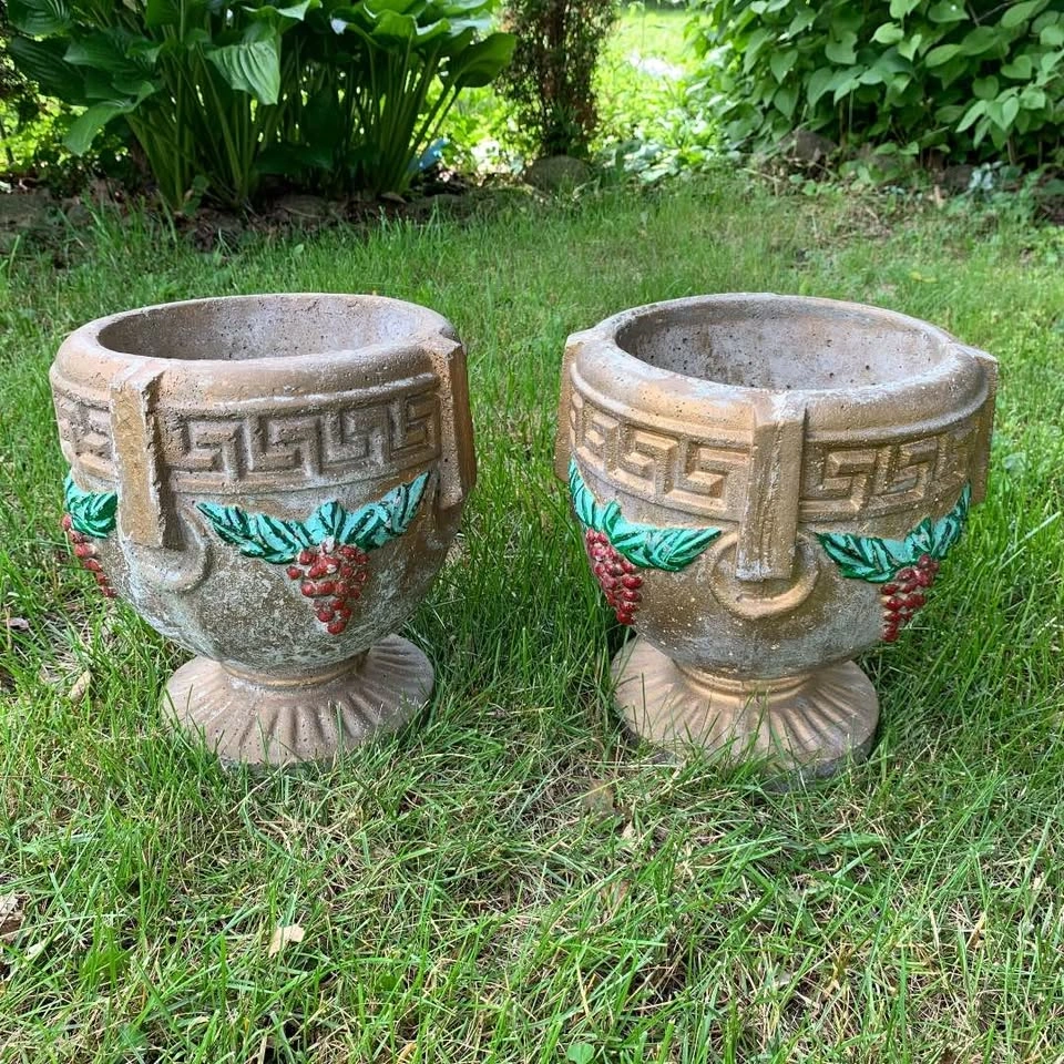 Vintage Weathered Concrete Greek Key Grapes Planters Urn Set - photo 2