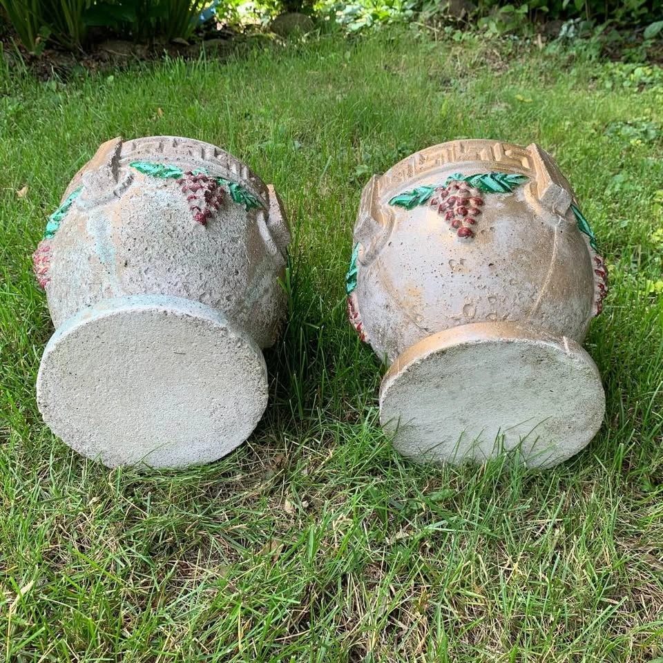 Vintage Weathered Concrete Greek Key Grapes Planters Urn Set - photo 3