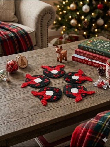 Vintage Needlepoint Christmas Coasters Set of 5 Wreath with Bow