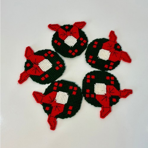 Vintage Needlepoint Christmas Coasters Set of 5 Wreath with Bow - photo 3