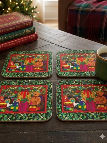 Set of 4 Christmas Holly Bear Cork Back Coasters