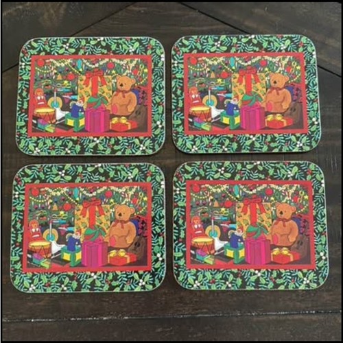 Set of 4 Christmas Holly Bear Cork Back Coasters - photo 4