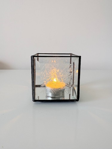 Etched Beveled Glass Candle Holder Mirrored Bottom