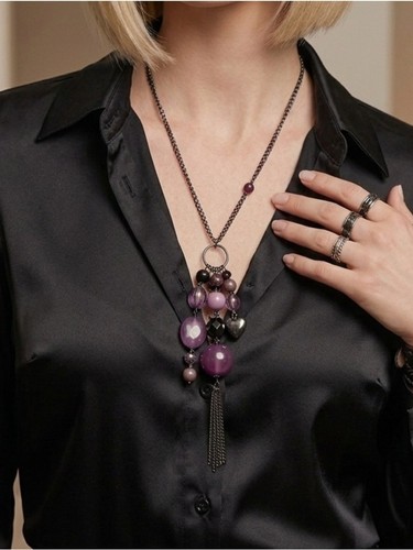 Gunmetal Long Chain Necklace with Purple Beads 40”