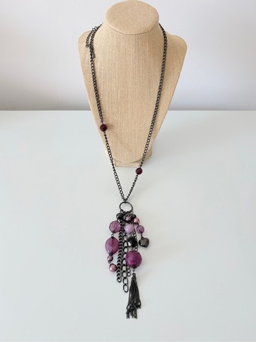 Gunmetal Long Chain Necklace with Purple Beads 40” - photo 2
