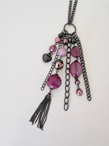 Gunmetal Long Chain Necklace with Purple Beads 40” - photo 4
