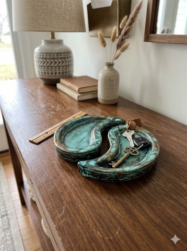 Ceramic Yin Yang Trinket Dishes Decor Teal and Bronze