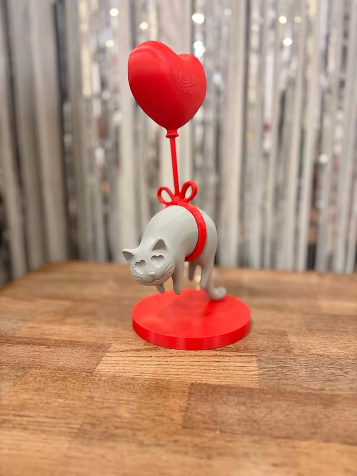 3D Printed Cat with Heart Balloon Figurine