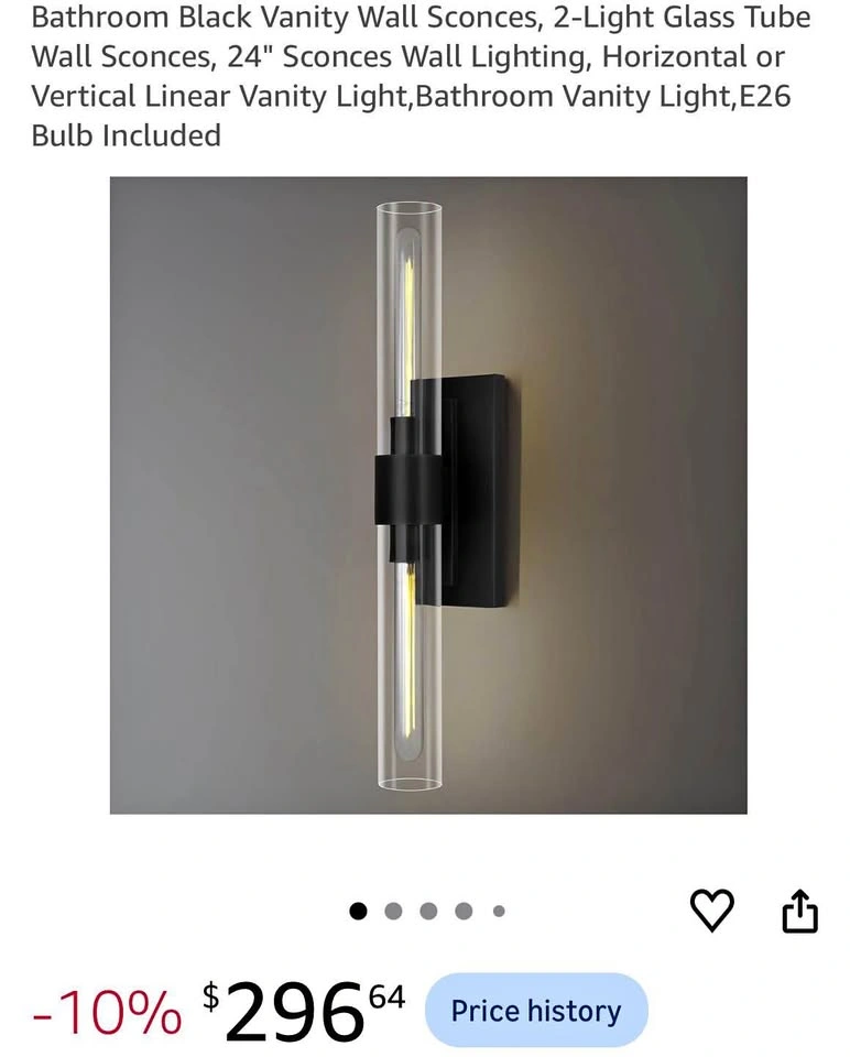 Black Vanity Wall Sconces, 2-Light Glass Tube Wall Sconces
