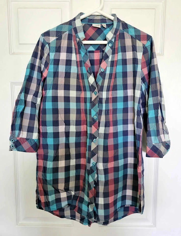 ESPRIT Colorful Plaid 100% Cotton 3/4 Sleeve Tunic Shirt - Size