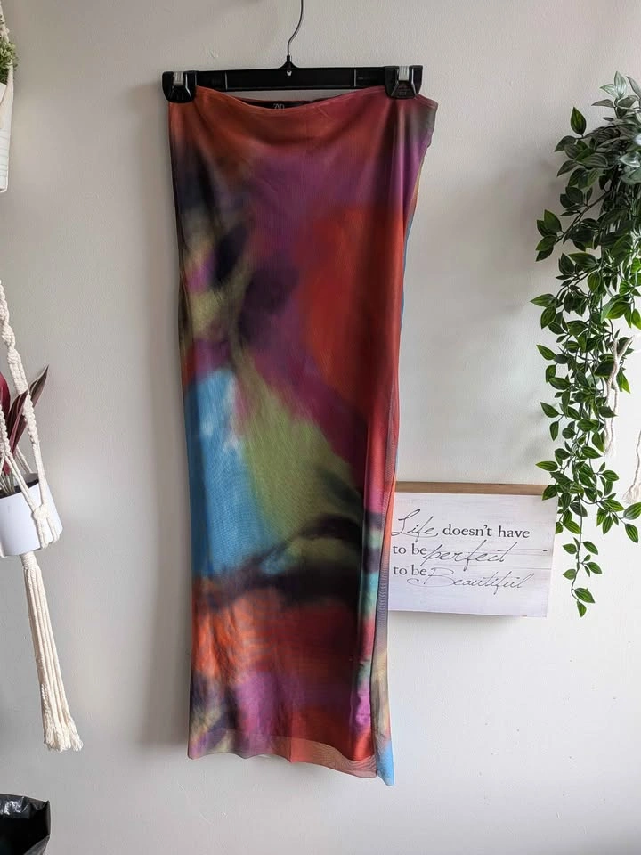 🏈NWOT Zara Mesh Strapless Abstract Print Midi Dress - photo 2