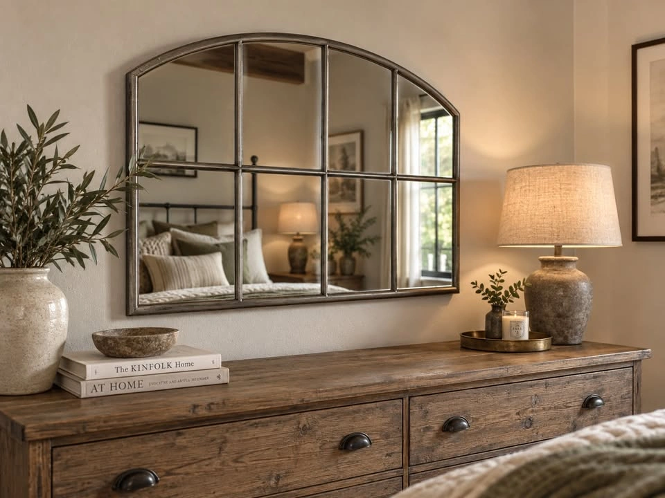 Arched Windowpane Mirror, Aged Pewter Frame - 41.5" x 27.5" - photo 3