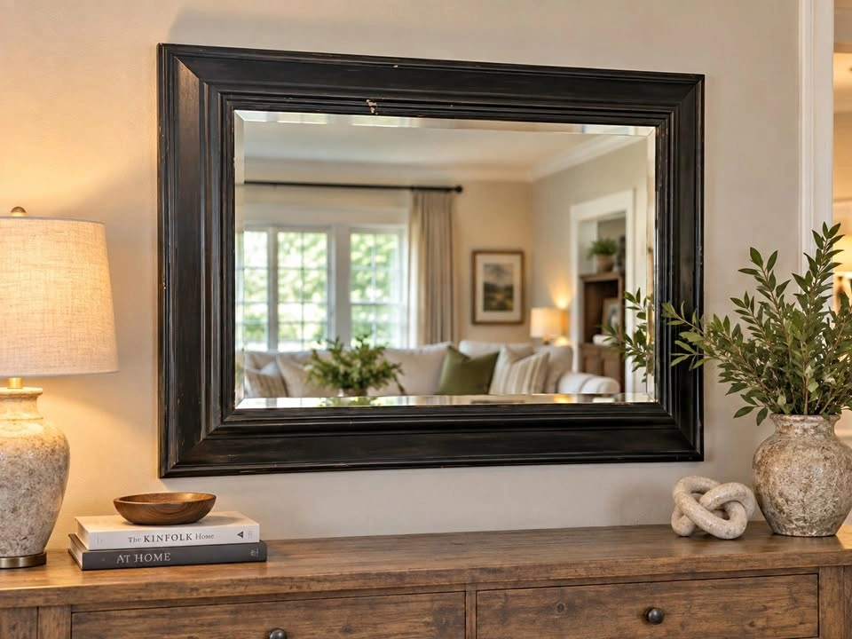 Large Black Framed Beveled Mirror - 46" x 33"