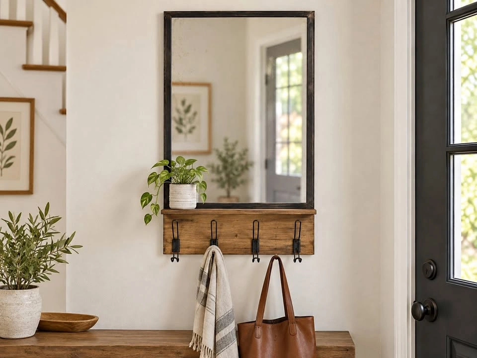 Entryway Mirror with Shelf & 4 Coat Hooks - 20" x 37.5"