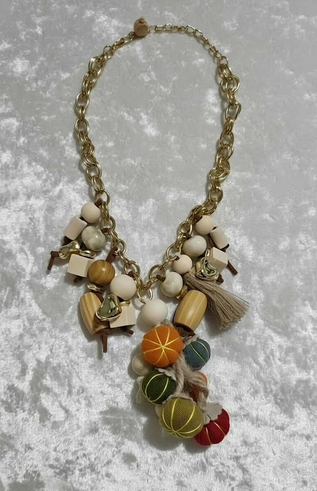Chunky Mixed Media Statement Necklace with Wood and Fabric Charm