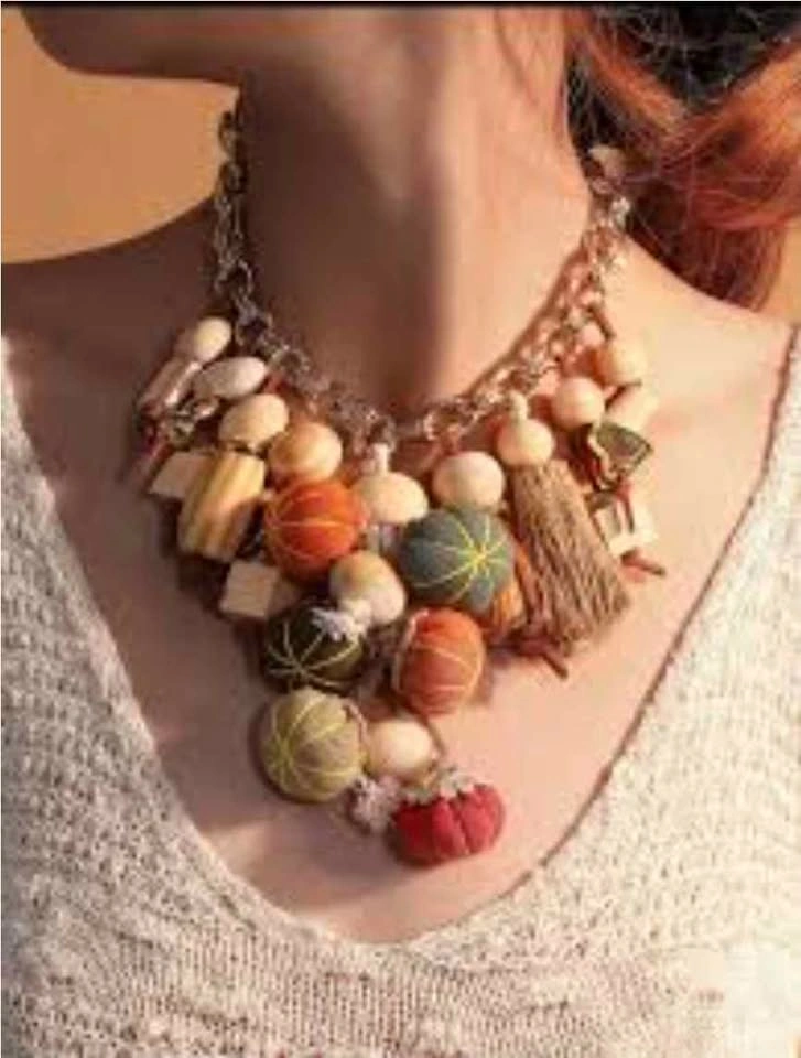 Chunky Mixed Media Statement Necklace with Wood and Fabric Charm - photo 2
