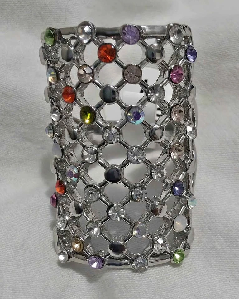 Multi-Colored Rhinestone Lattice Wide Ring Size 7